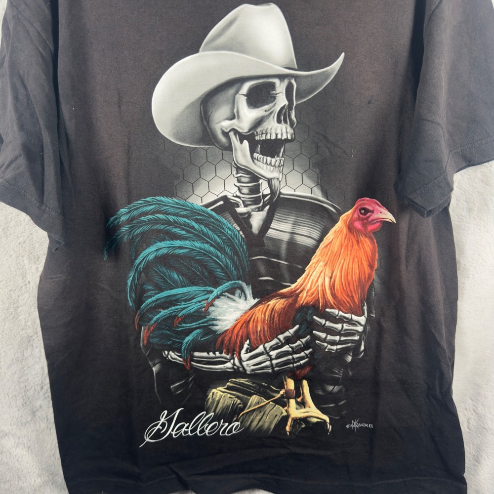 DGA Gallero Skeleton Cowboy Rooster Graphic T-Shirt Mens Large Black Chicano Art